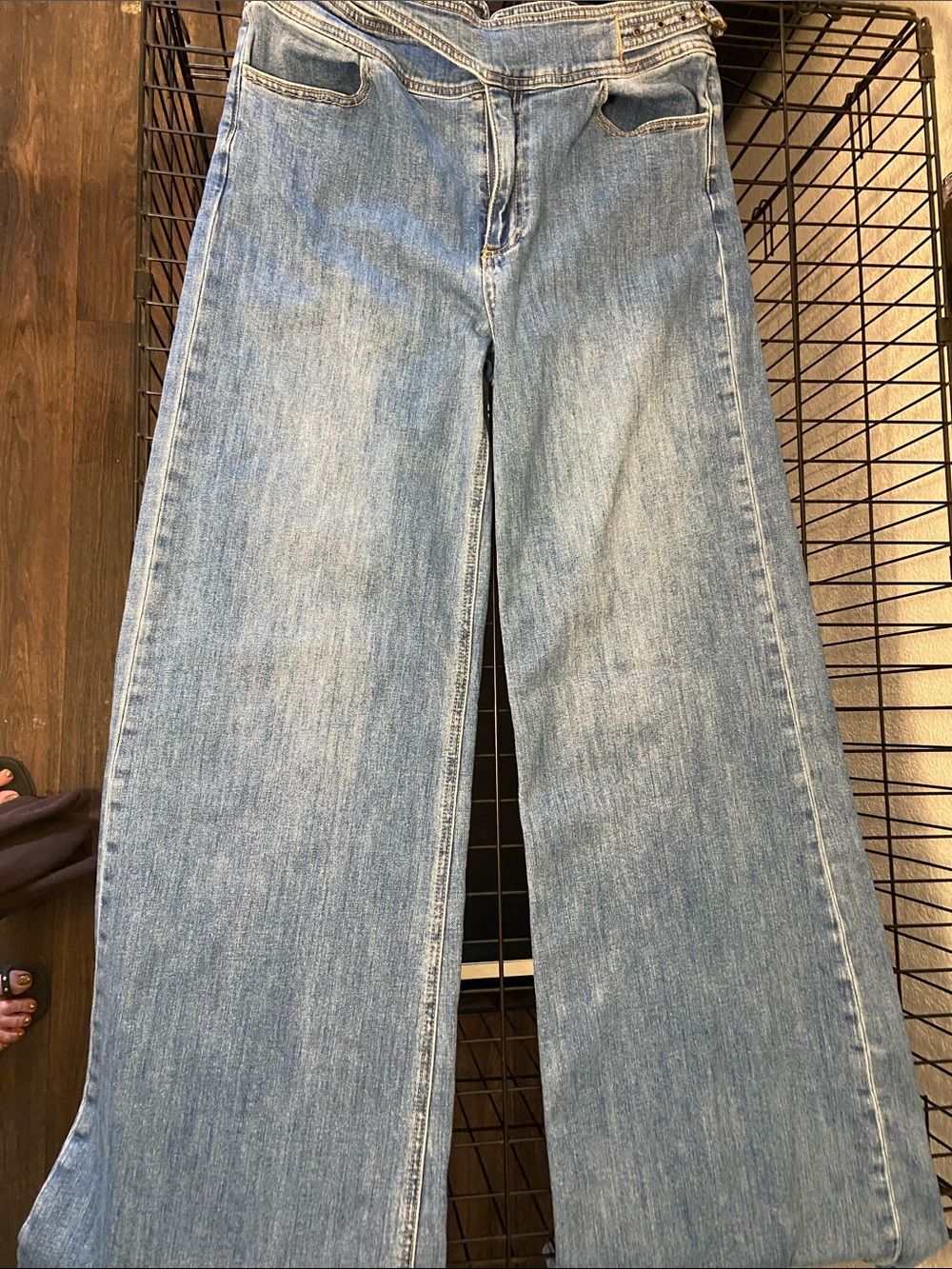 PAIGE Light Blue Flared Wide-Leg Jeans with Side Buckle Detail